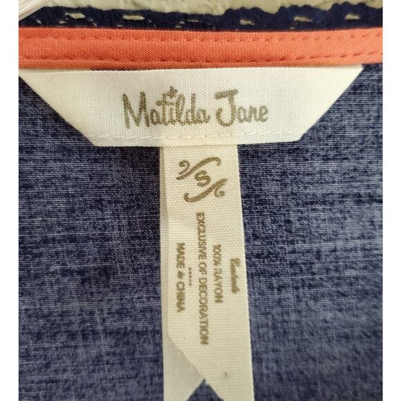 MATILDA JANE Women's S Top Navy Blue Orange Lace Pleated Crochet Neck Trim 34" - Picture 3 of 7